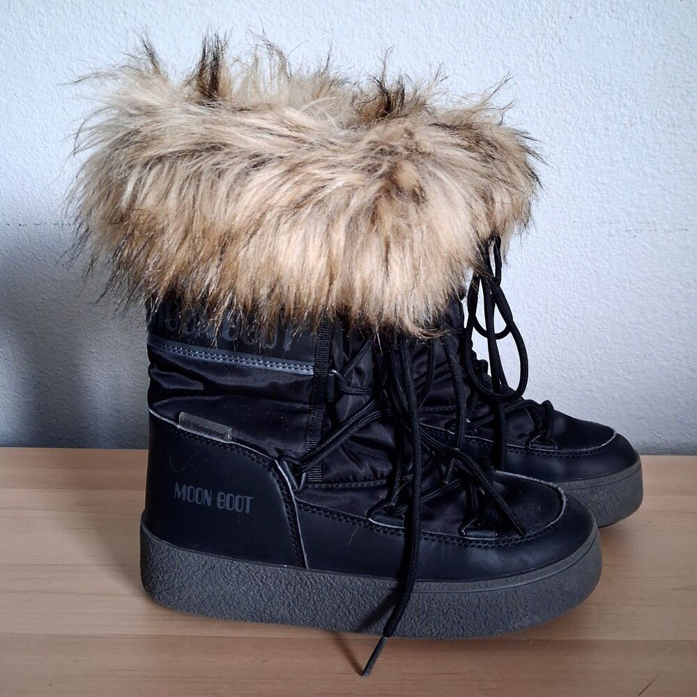 Moon Boot Icon Waterproof Faux Fur EU 35 US 3.5 USL 4.5 Laces Black Nylon Monaco